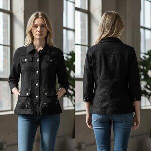 Buttons Cotton Blend Black Jacket Women's M With Button Details & Pockets